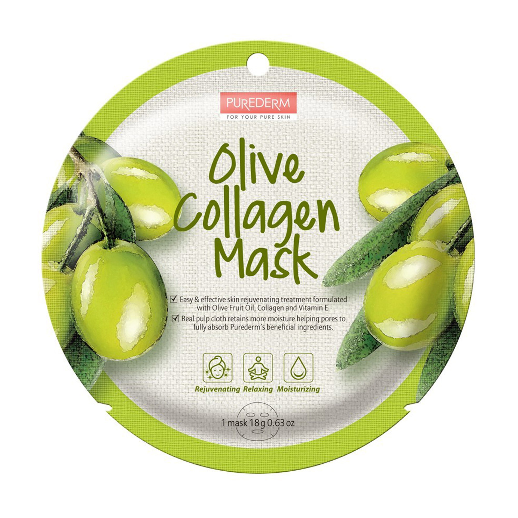 Тканинна маска для обличчя Purederm Oliva Collagen Mask з колагеном та оливою, 18 мл